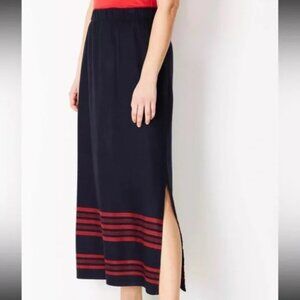 J. Jill Linen Blend Maxi Skirt Navy Blue Red Stripes Side Slits Elastic Waist XL